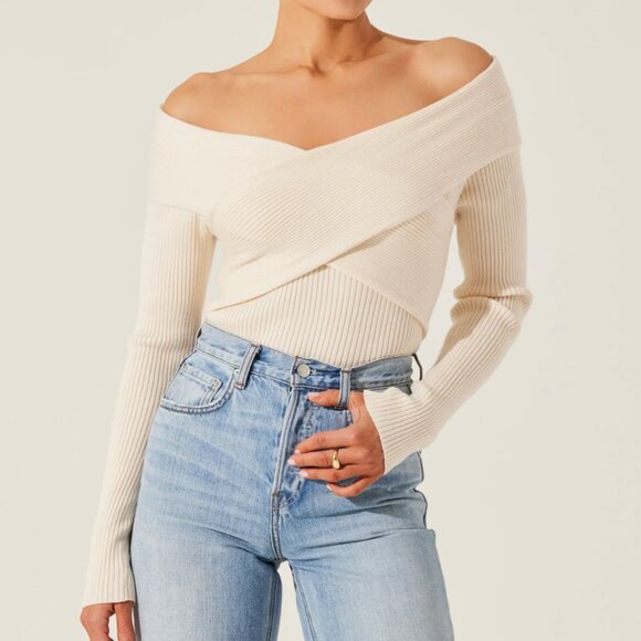 ASTR The Label Off Shoulder Crossover Sweater - Cream White - Picture 3 of 5